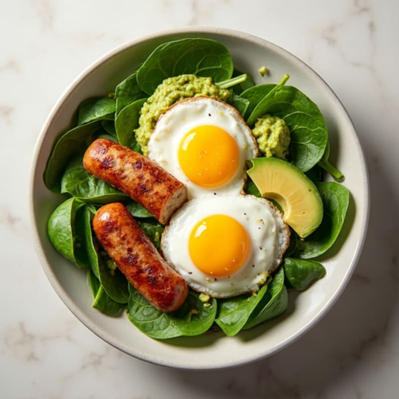 Savory Turkey Sausage Breakfast Bowl with Smashed Avocado and Poached Eggs