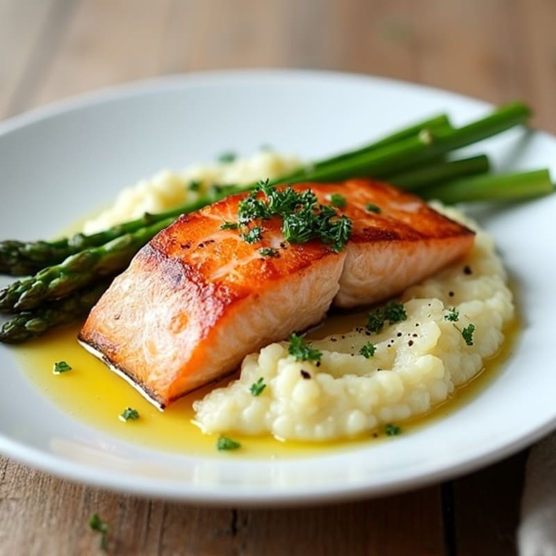 Seared Salmon with Steamed Asparagus and Cauliflower Mash