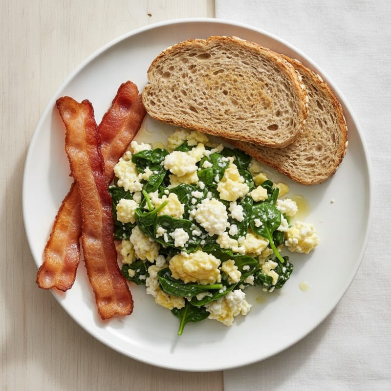 Cottage Cheese Scramble with Spinach and Turkey Bacon