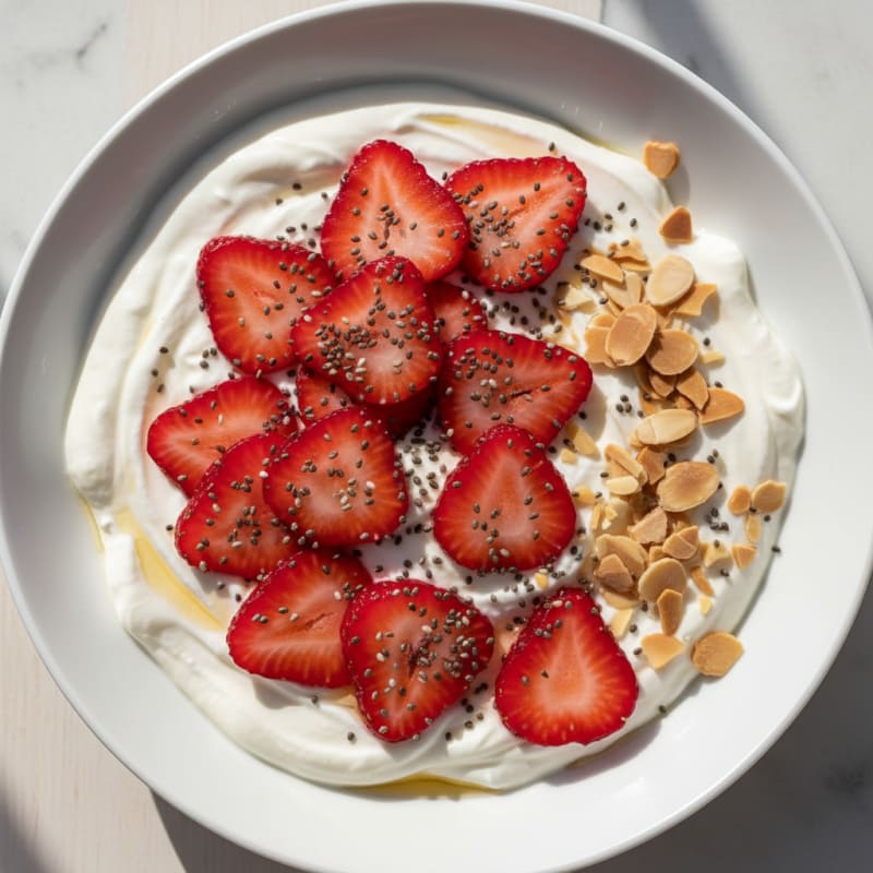Silky Protein Yogurt Bowl with Sliced Strawberries and Chia Seeds