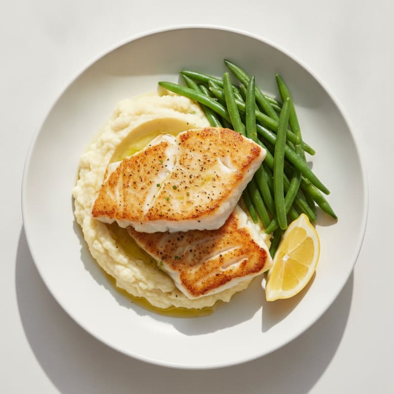 Seared Cod with Steamed Green Beans and Cauliflower Mash