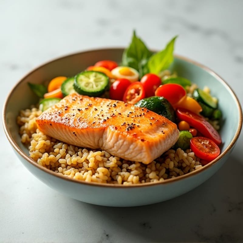 Flaky Pan-Seared Salmon Rice Bowl with Fresh Citrus-Ginger Vegetables