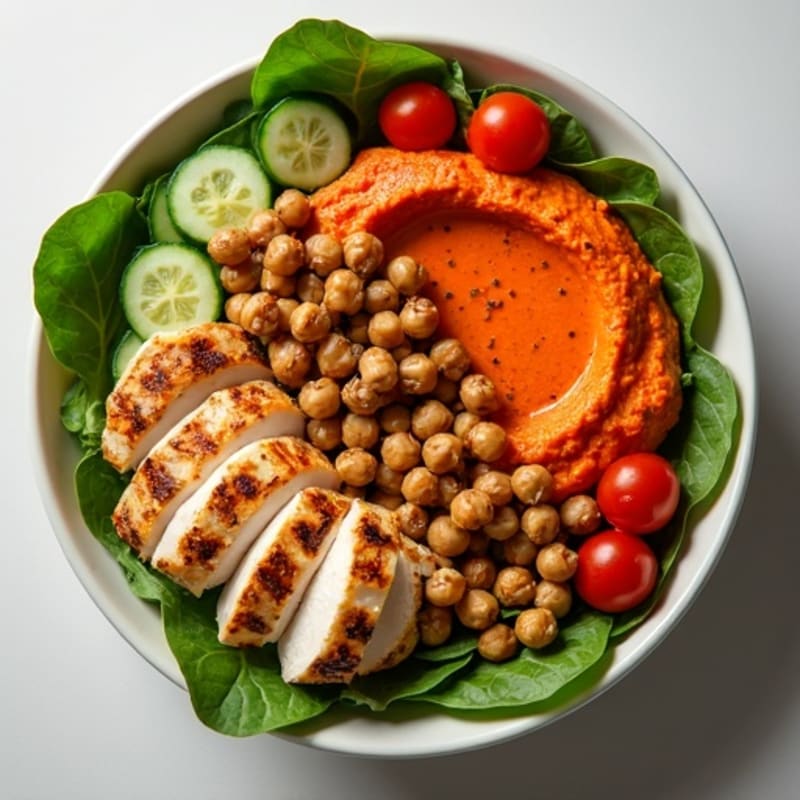 Roasted Red Pepper Hummus Bowl with Crispy Chickpeas and Fresh Veggies