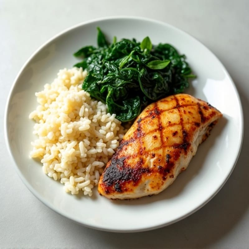 Seared Chicken Breast with Rice and Garlic Spinach
