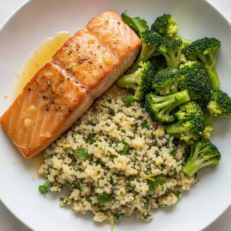 Seared Salmon with Steamed Broccoli and Lemon Herb Quinoa