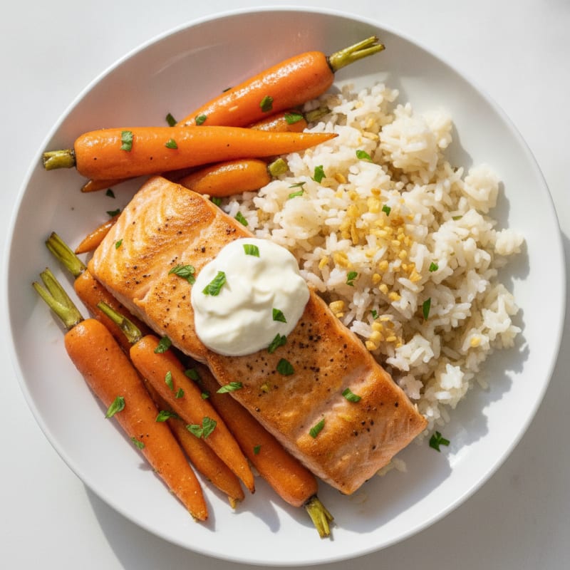 Seared Salmon with Garlic Rice and Roasted Carrots