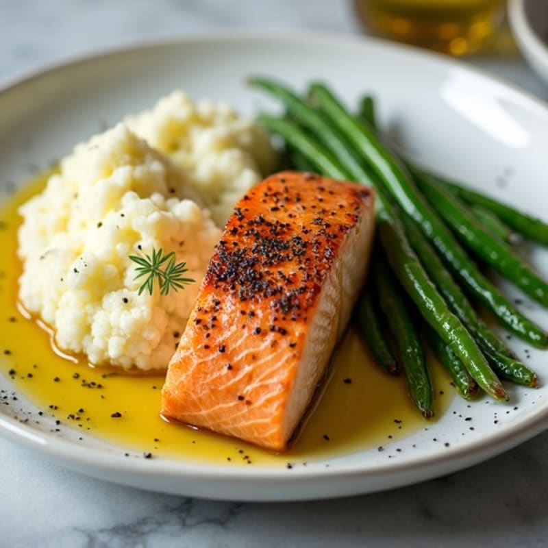 Seared Salmon with Garlic Green Beans and Cauliflower Mash