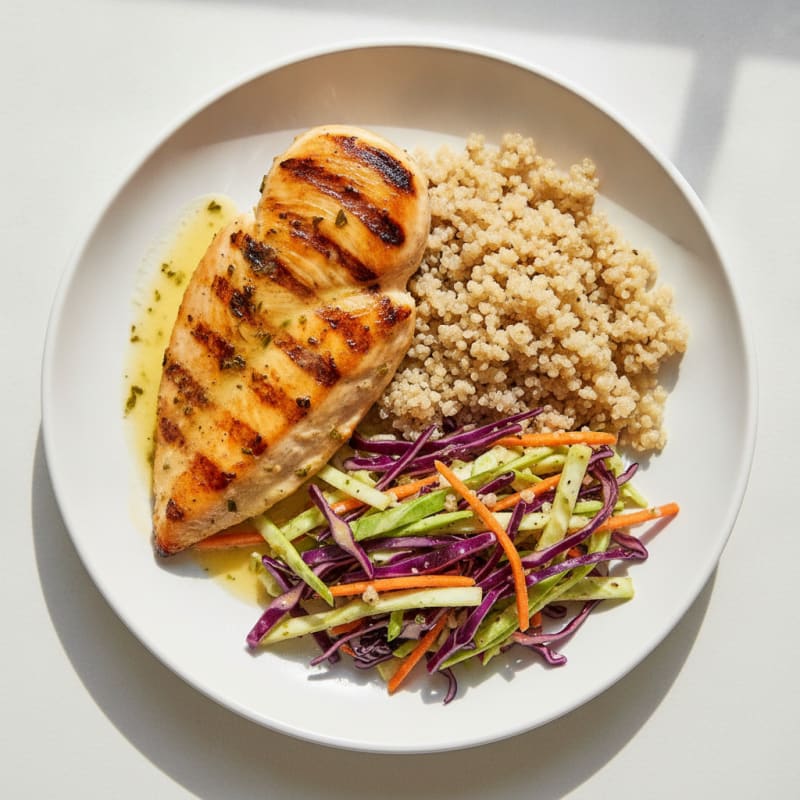 Grilled Chicken Breast with Crunchy Cabbage Slaw and Quinoa