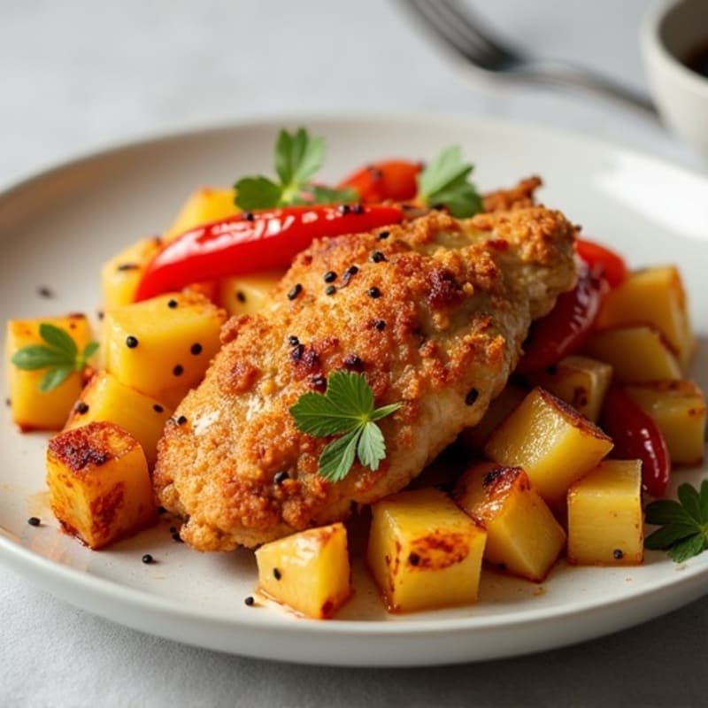 Crispy Ginger-Garlic Chicken with Roasted Pineapple and Bell Peppers