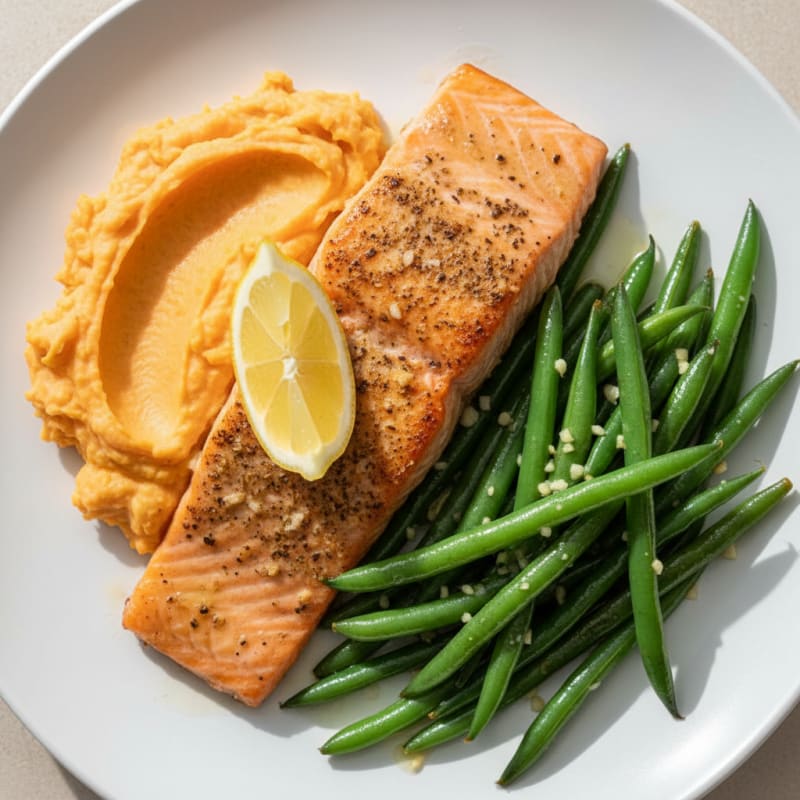 Baked Salmon with Garlic Green Beans and Sweet Potato Mash