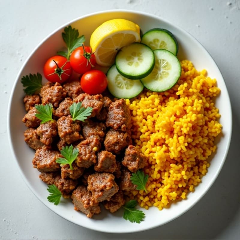 Hearty Lemon Herb Ground Lamb and Chicken with Turmeric Rice and Fresh Cucumber Tomato Salad