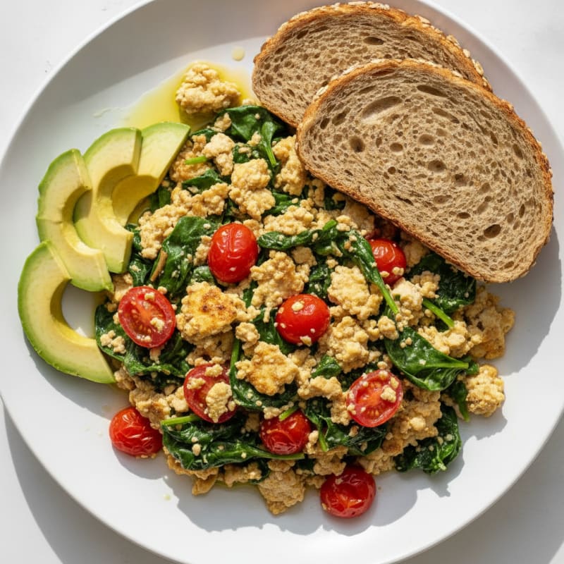 Silky Tofu Scramble with Spinach and Cherry Tomatoes