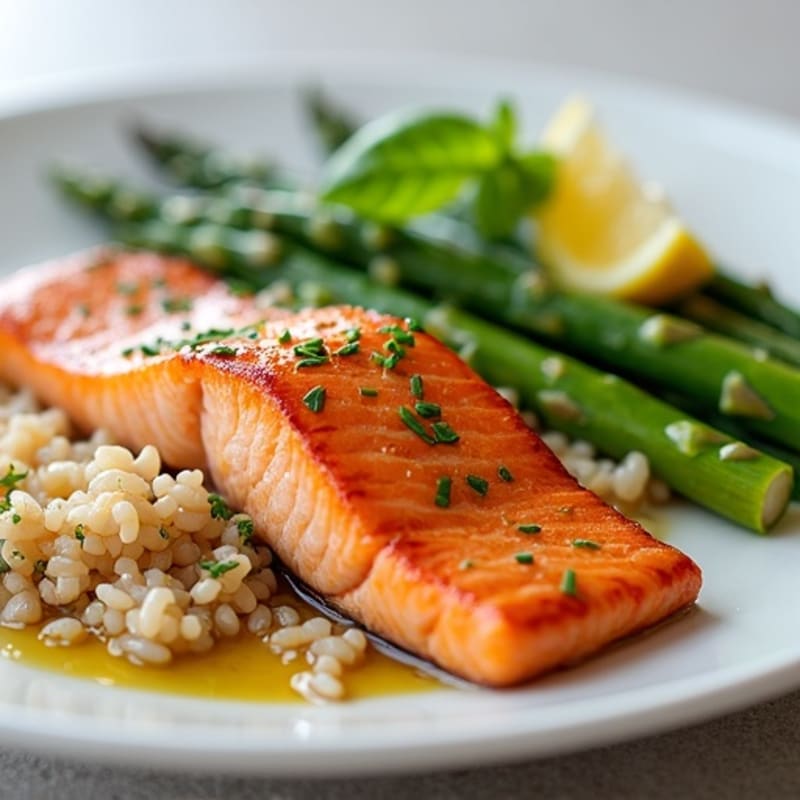 Seared Salmon with Steamed Asparagus and Brown Rice