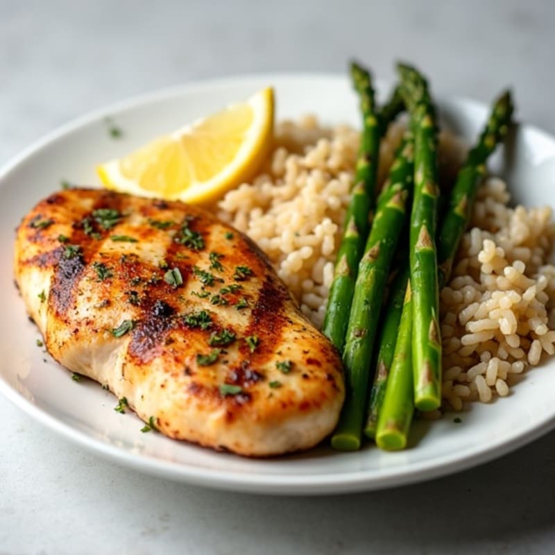 Lemon Herb Grilled Chicken with Fluffy Brown Rice and Roasted Asparagus
