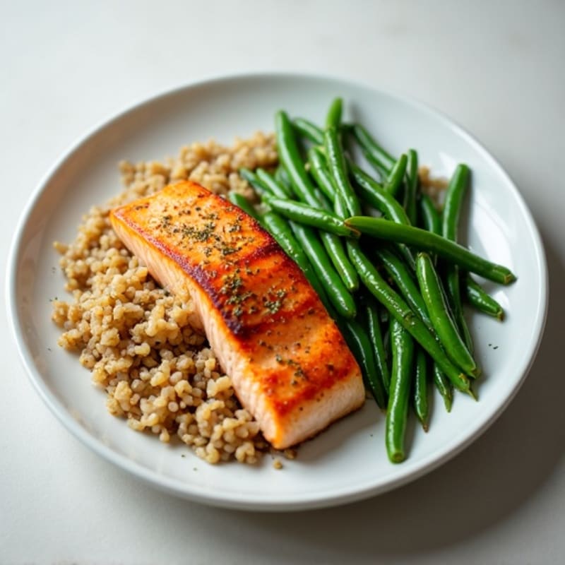 Seared Salmon Fillet with Garlic Green Beans and Brown Rice