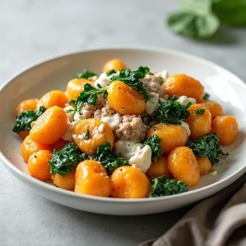 Creamy Sweet Potato Gnocchi with Lean Ground Turkey and Sautéed Spinach