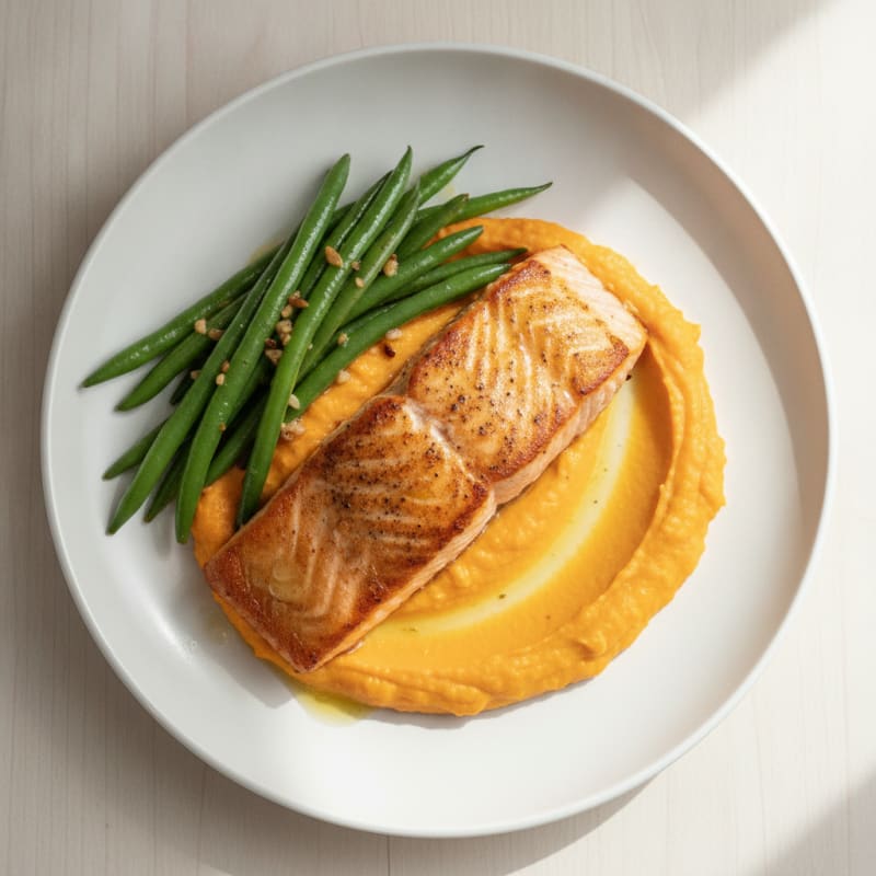 Seared Salmon Fillet with Garlic Green Beans and Sweet Potato Mash