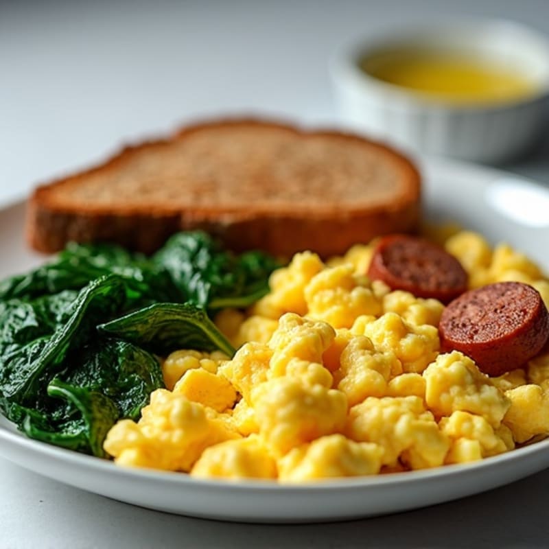 Fluffy Egg Scramble with Sautéed Spinach and Whole Grain Toast