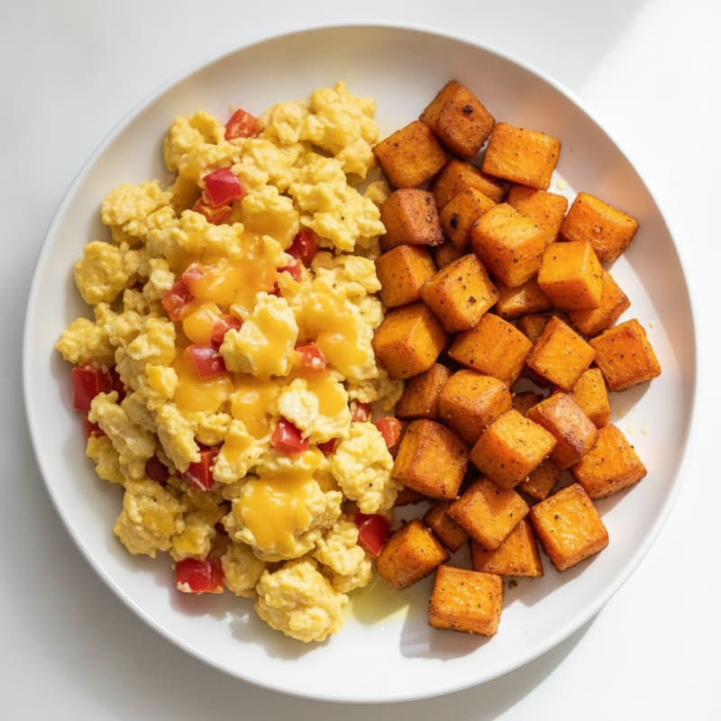 Cheesy Egg and Bell Pepper Scramble with Roasted Sweet Potatoes