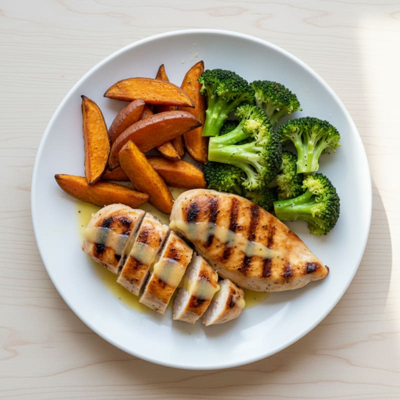 Grilled Chicken Breast with Roasted Sweet Potato and Steamed Broccoli