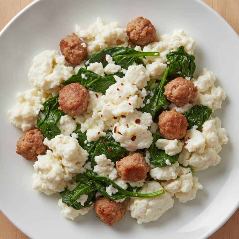 Egg White and Turkey Sausage Scramble with Sautéed Spinach