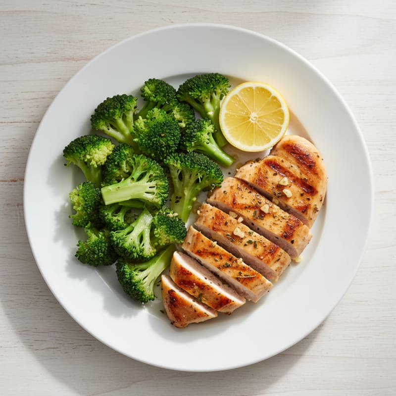 Grilled Chicken Breast with Steamed Broccoli and Lemon