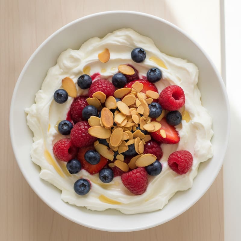 Vanilla Greek Yogurt Protein Bowl with Mixed Berries and Almonds