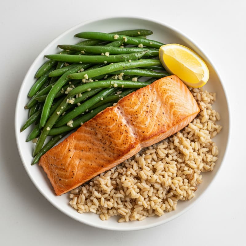Seared Salmon with Garlic Green Beans and Brown Rice