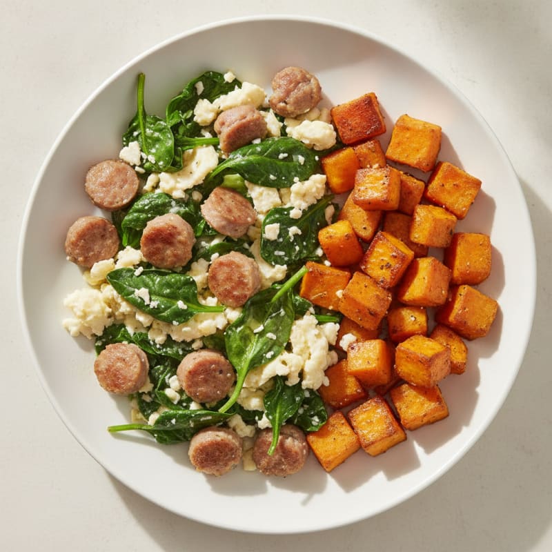Egg White and Turkey Sausage Scramble with Spinach and Roasted Sweet Potato