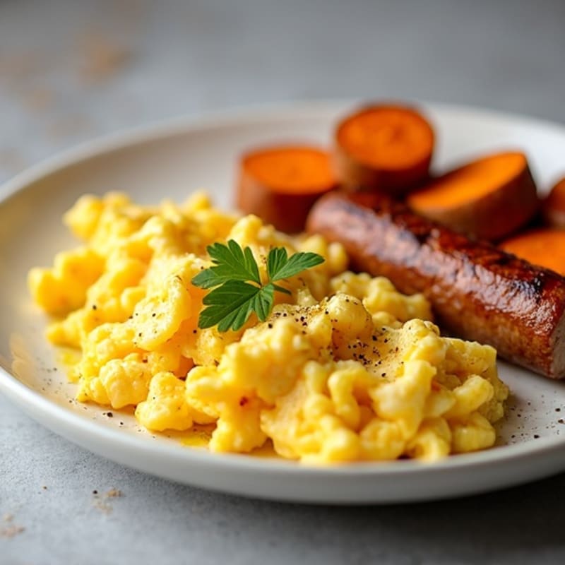 Scrambled Eggs with Turkey Sausage and Roasted Sweet Potatoes