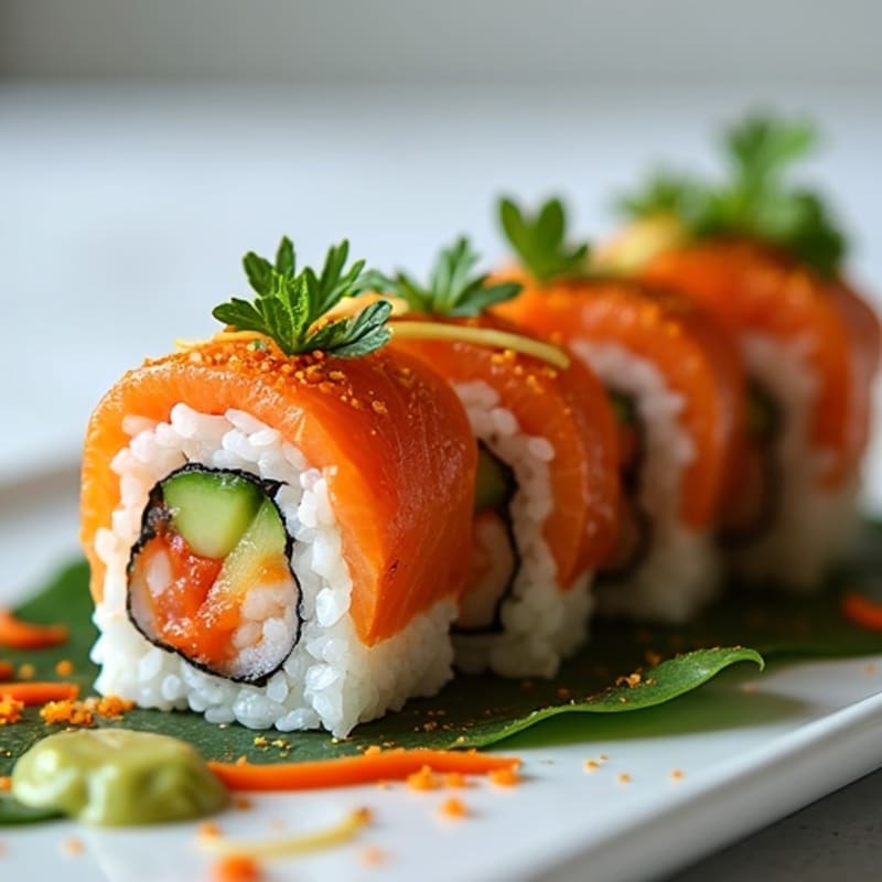 Seared Salmon Sushi Roll with Crunchy Veggies and Spicy Wasabi