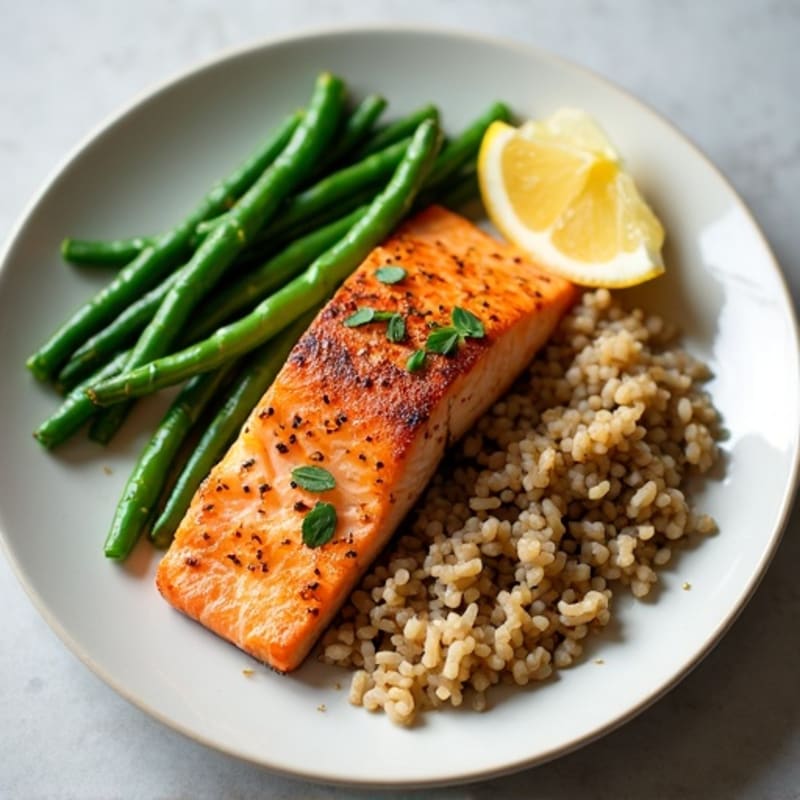 Seared Salmon Fillet with Steamed Green Beans and Brown Rice
