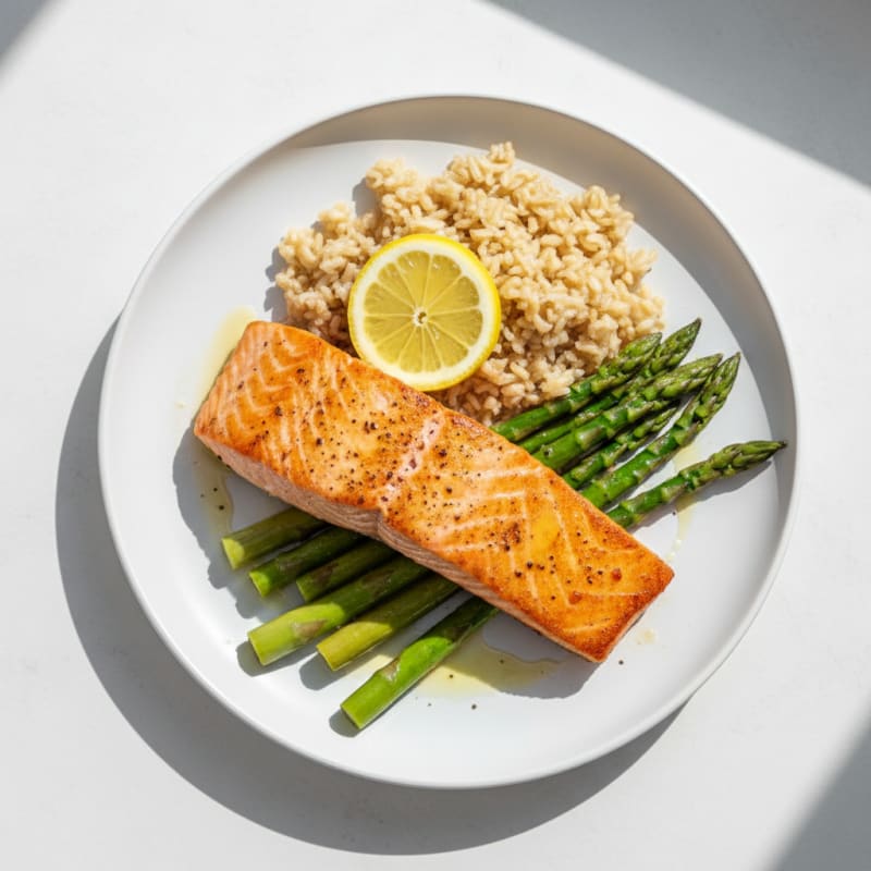 Seared Salmon with Steamed Asparagus and Brown Rice