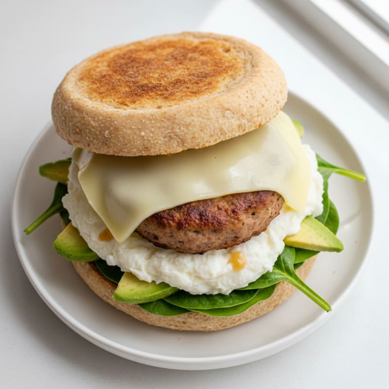 Egg White and Turkey Sausage Breakfast Sandwich with Spinach