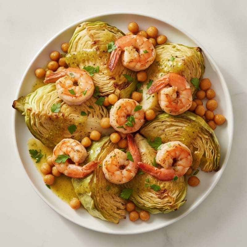 Roasted Cabbage with Lemon-Herb Dressing and Seared Shrimp