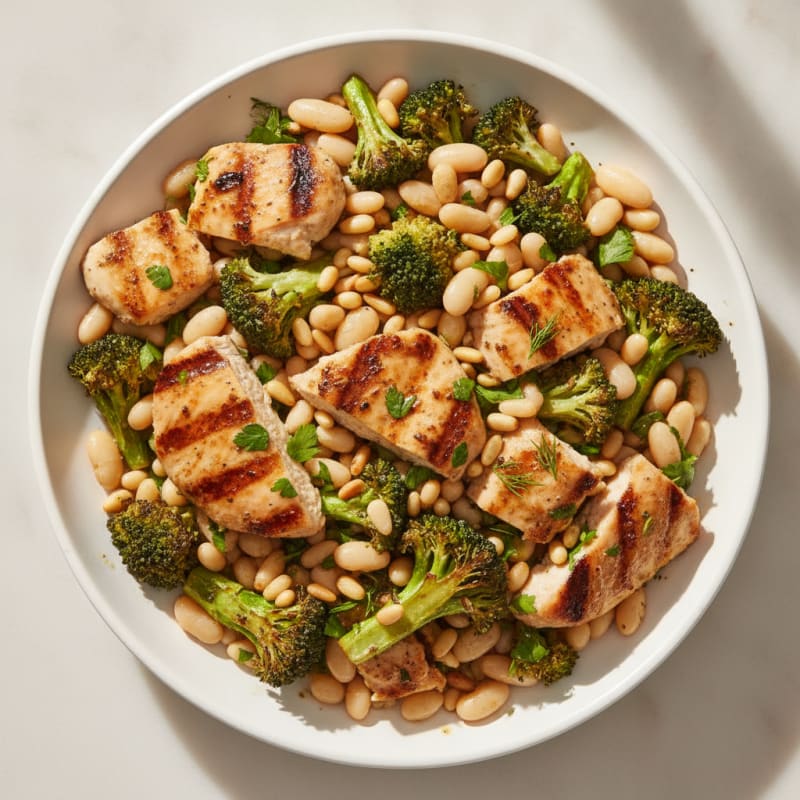Grilled Chicken and White Bean Salad with Roasted Broccoli