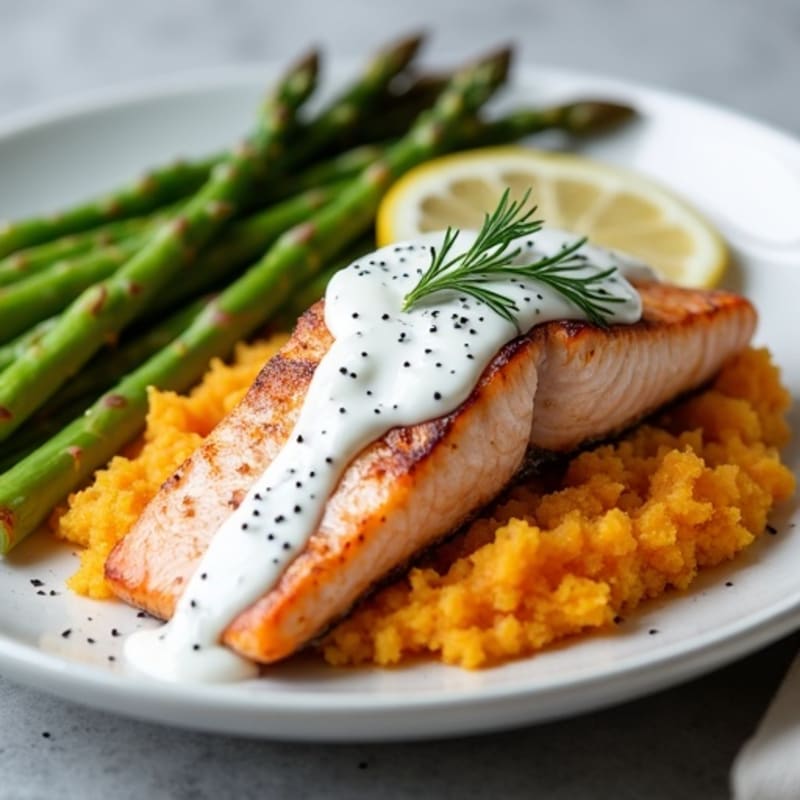 Seared Salmon with Steamed Asparagus and Sweet Potato Mash