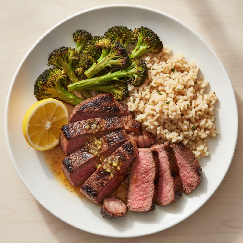 Seared Steak with Roasted Broccoli and Brown Rice