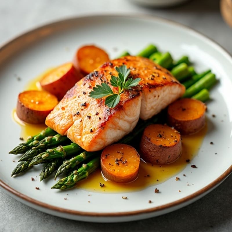 Seared Salmon with Roasted Sweet Potato and Asparagus