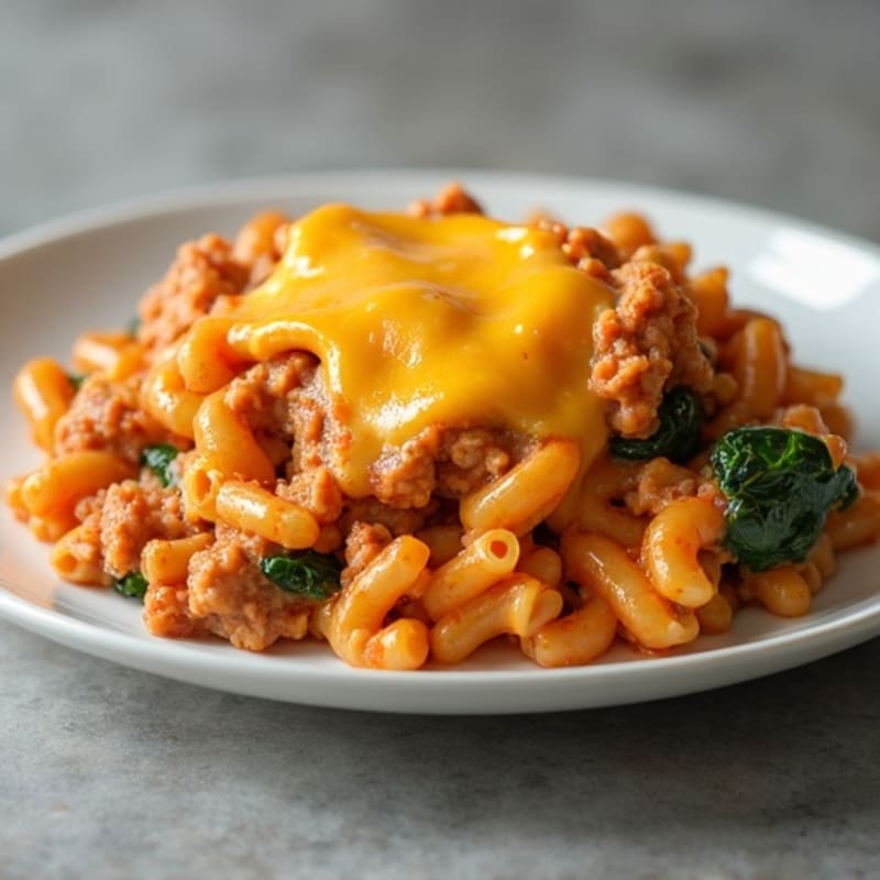 Cheesy Macaroni Bake with Lean Ground Turkey and Spinach
