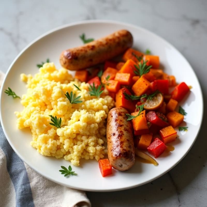 Scrambled Egg White and Chicken Sausage Hash with Roasted Sweet Potato