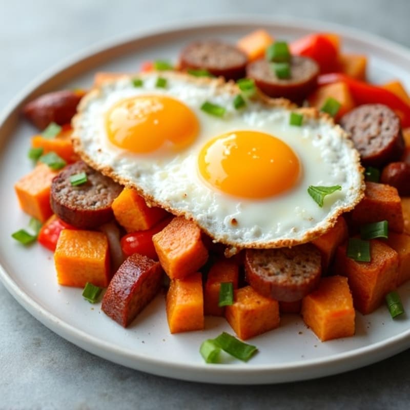 Crispy Sweet Potato and Turkey Sausage Hash with Sunny-Side Up Egg