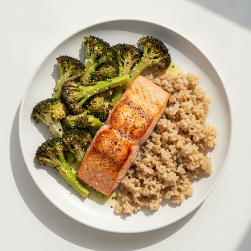 Seared Salmon Fillet with Roasted Broccoli and Brown Rice
