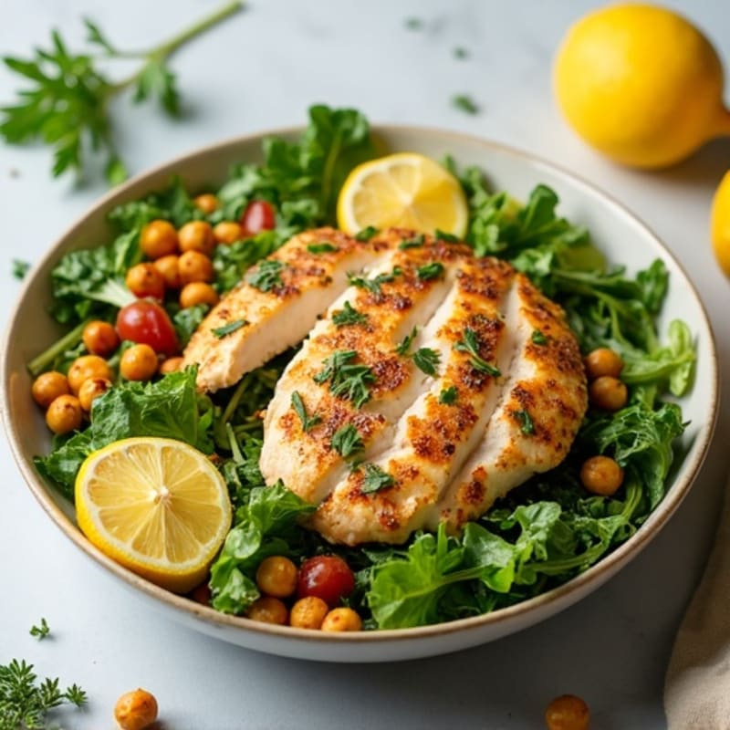 Lemon Herb Roasted Chicken Salad with Fresh Greens and Crispy Chickpeas