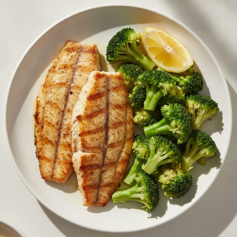 Seared Tilapia with Steamed Broccoli and Lemon