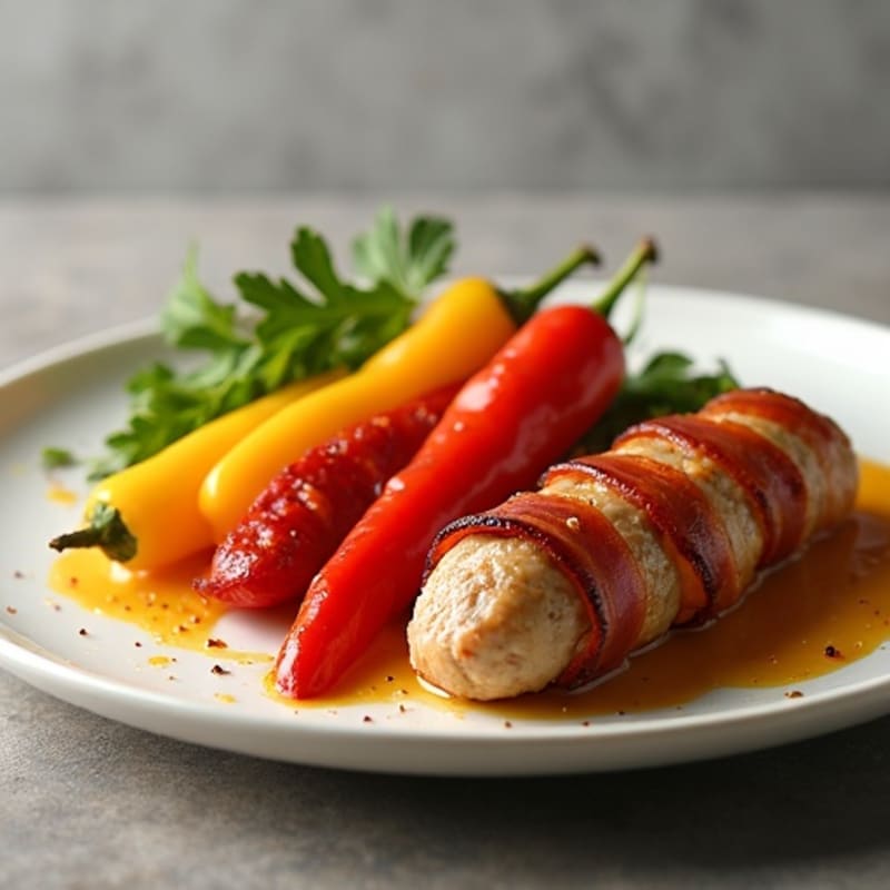 Crispy Turkey Bacon-Wrapped Chicken Sausage with Roasted Bell Peppers