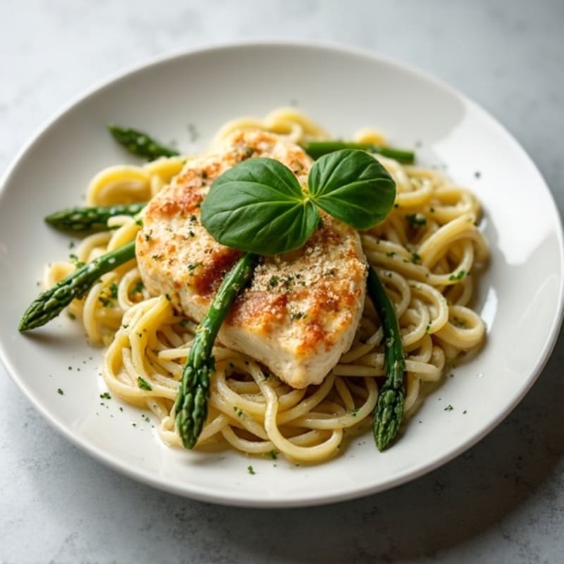 Creamy Chicken Pesto Pasta with Roasted Asparagus