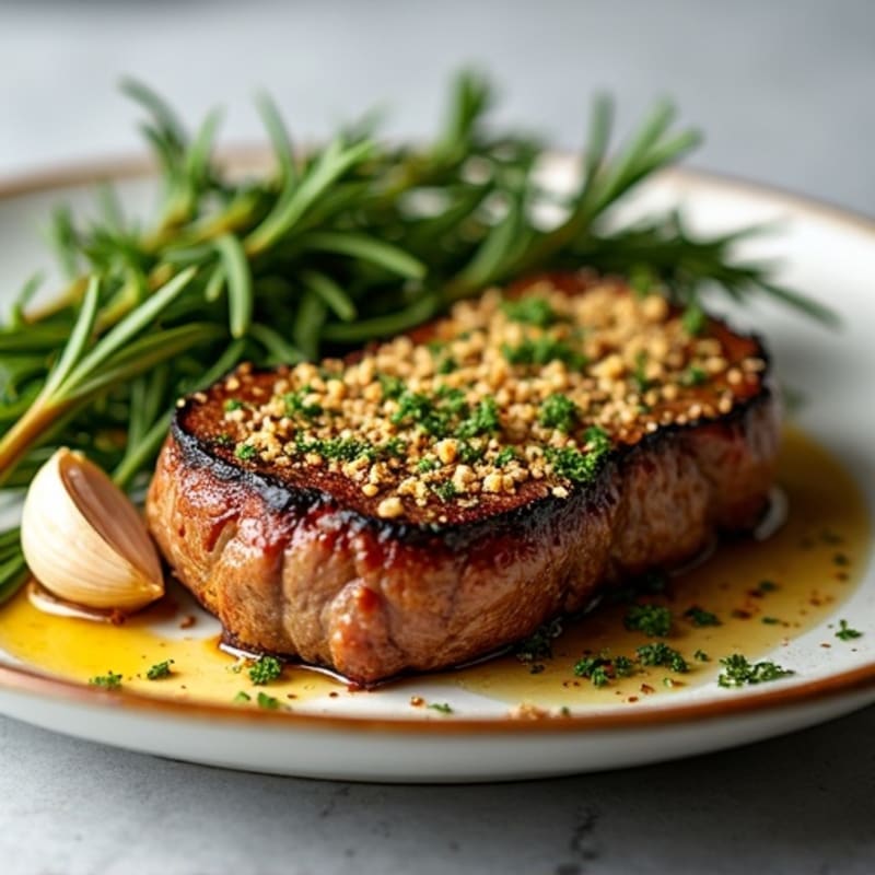 Herb-Crusted Pan Seared Steak with Roasted Garlic