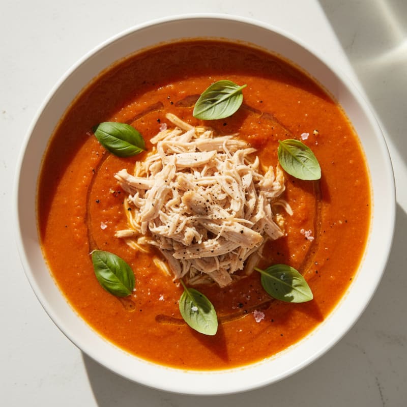Creamy Roasted Tomato and Basil Soup with Shredded Chicken