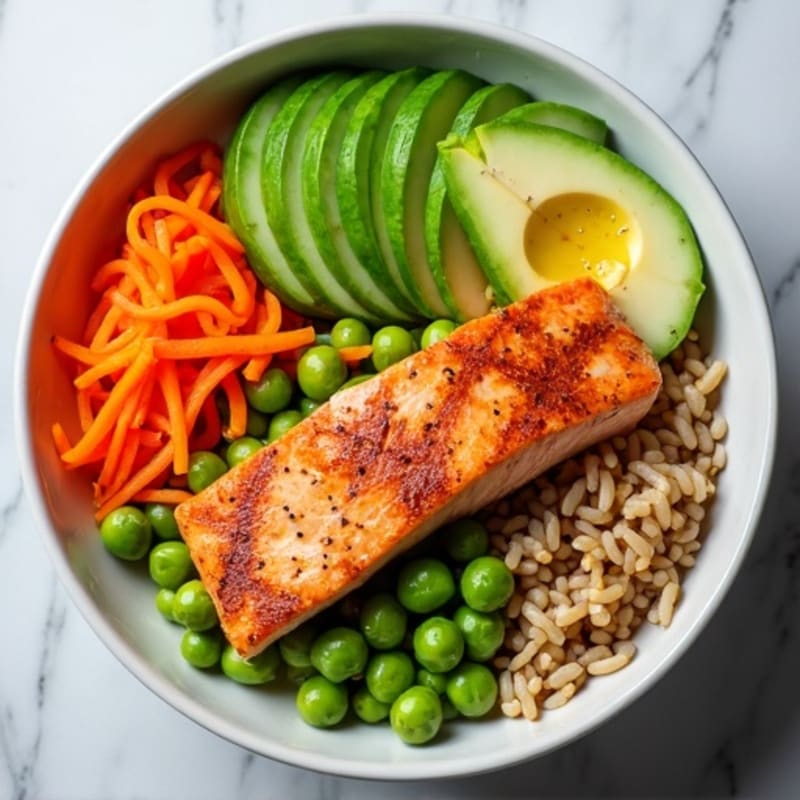 Fresh Salmon Rice Bowl with Creamy Avocado and Crisp Vegetables